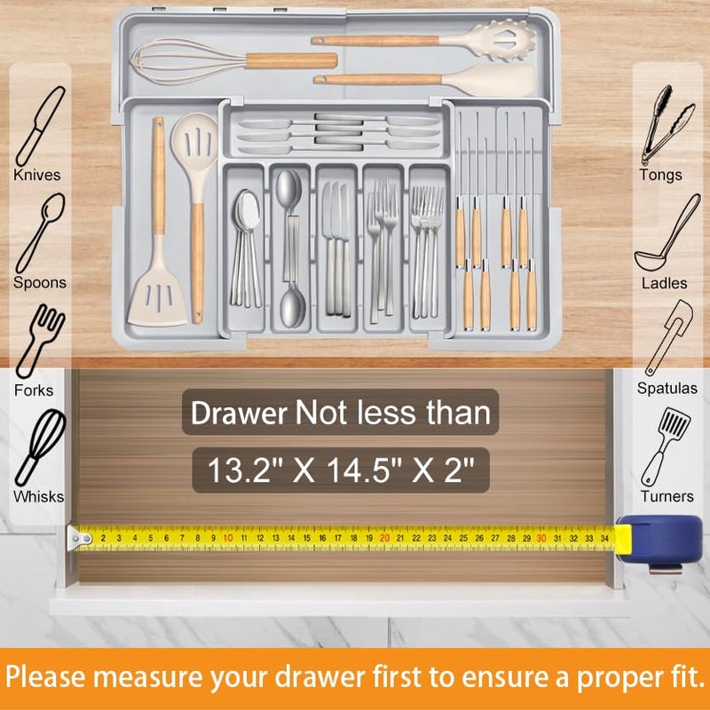 Homecor Silverware Drawer Organizer for Kitchen, Adjustable Utensil Drawer Organizer with 2 Knife Block, BPA Free Flatware and Cutlery Holder, Expandable Plastic Storage for Spoons Forks Knives(Grey) - Image 5