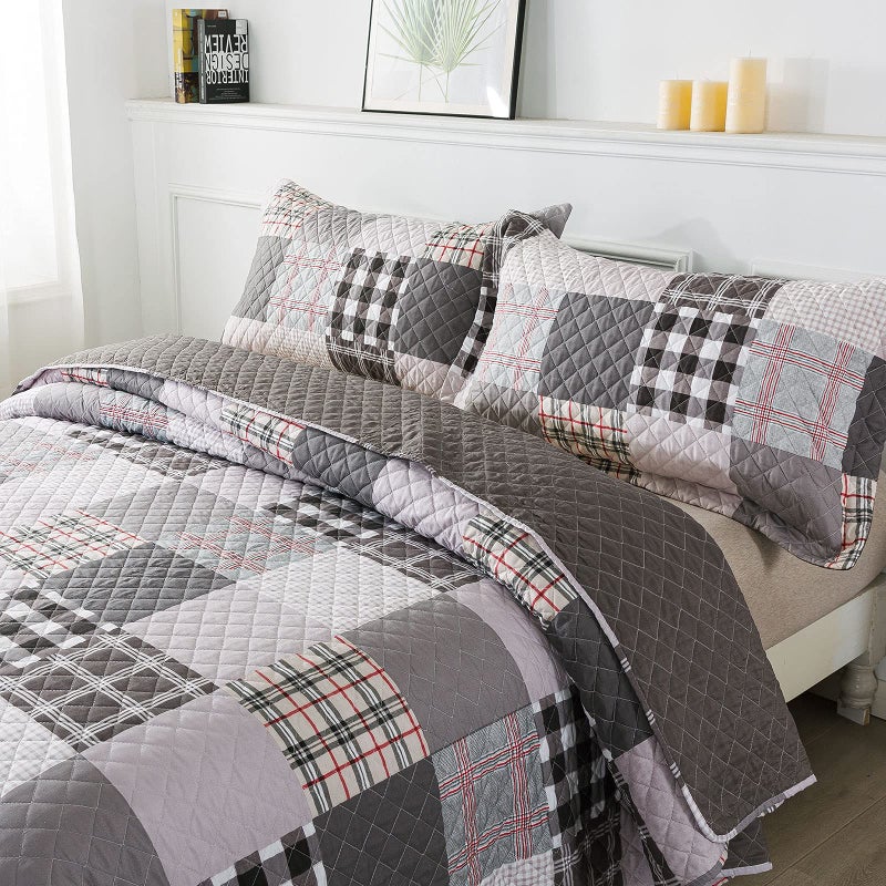 Travan Quilt Set 3-Piece Oversized Quilted Bedspread Coverlet Set Grey European British Grid Patchwork Bedding Set, Queen Size - Image 2