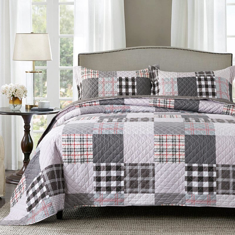 Travan Quilt Set 3-Piece Oversized Quilted Bedspread Coverlet Set Grey European British Grid Patchwork Bedding Set, Queen Size - Image 1