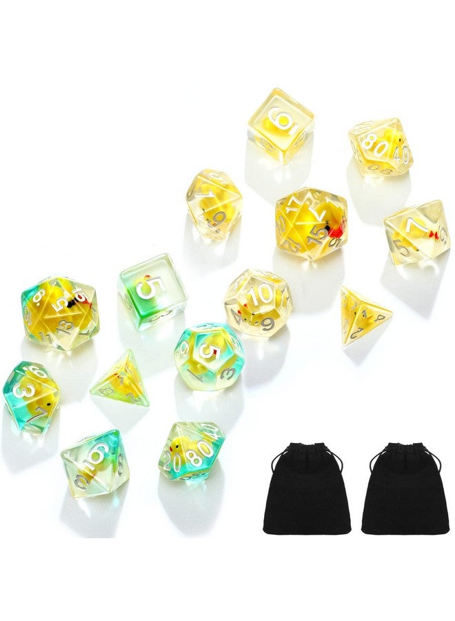 Kathfly Kathfly 14 Die Rubber Ducks Dice, Resin Polyhedral Dice Set Filled with Animal, Ice Cool Rubber Ducks Translucent Cute Playing Toy with 2 Black Pouches for Board Game, Green, Yellow  - Image 1