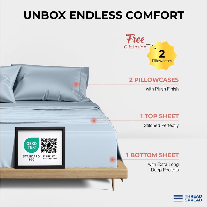 THREAD SPREAD 100% Egyptian Cotton Sheets Queen Size - 1200 Thread Count 4 PC Queen Sheet Set Egyptian Cotton, Sateen Luxury Sheets Queen Size, High Thread Count Sheets, 17" Deep Pocket - Light Blue - Image 3