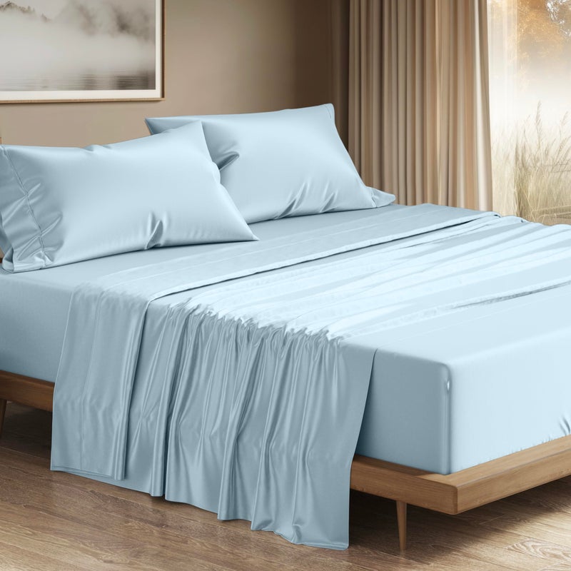 THREAD SPREAD 100% Egyptian Cotton Sheets Queen Size - 1200 Thread Count 4 PC Queen Sheet Set Egyptian Cotton, Sateen Luxury Sheets Queen Size, High Thread Count Sheets, 17" Deep Pocket - Light Blue - Image 1