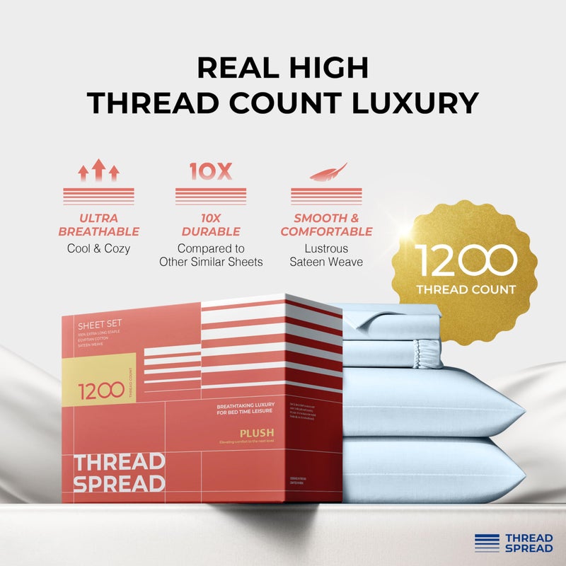 THREAD SPREAD 100% Egyptian Cotton Sheets Queen Size - 1200 Thread Count 4 PC Queen Sheet Set Egyptian Cotton, Sateen Luxury Sheets Queen Size, High Thread Count Sheets, 17" Deep Pocket - Light Blue - Image 2