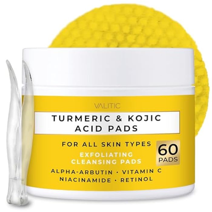 VALITIC Turmeric Kojic Acid Cleansing Pads - Exfoliating Dark Spot Remover for Face with Vitamin C, Alpha Arbutin, Niacinamide and Retinol - Kojic Acid And Turmeric Cleansing Pads - 60 Units - Image 1