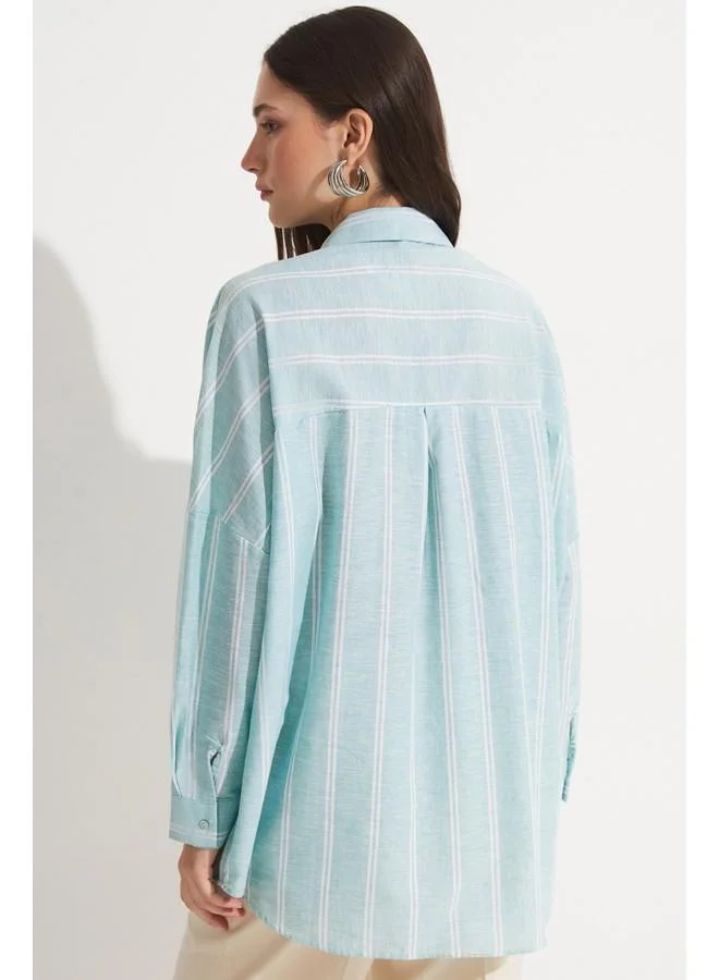 جون June Women Exclusive Oversize/Loose Fit Linen Blend Embroidered Detailed Shirt Mint