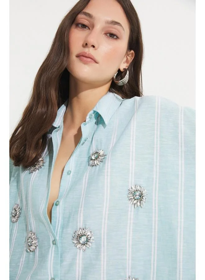 جون June Women Exclusive Oversize/Loose Fit Linen Blend Embroidered Detailed Shirt Mint