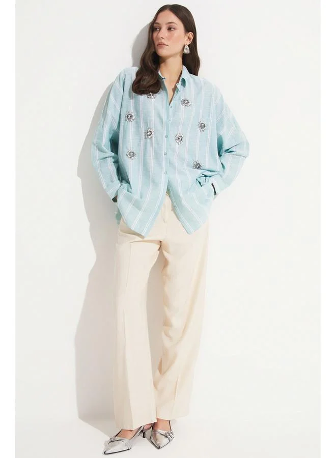 جون June Women Exclusive Oversize/Loose Fit Linen Blend Embroidered Detailed Shirt Mint