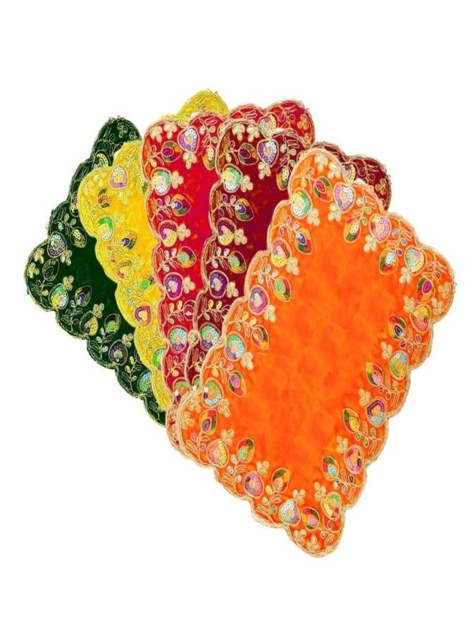 Aditri Creation Set of 5 Velvet Mat Aasan Pooja Puja Cloth (Size:-9"X 5") for Laxmi Ganesh for Multipurpose Indian Traditional Cultural New year gifts Festival Decorations Item Article Pooja Home Decor(Red) - Image 1