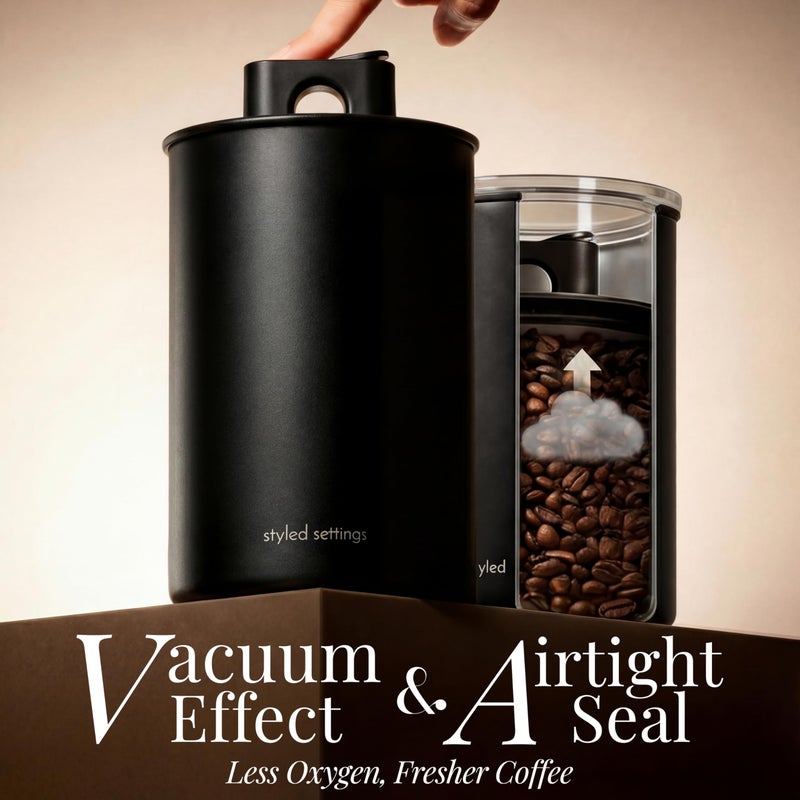 styled settings Coffee Storage Container - Airtight Vacuum Coffee Canister with Scoop and Label - Matte Black Canister Holds 1.2 lbs Beans or 1.5lbs Grounds, Dual-Lid Freshness System - Perfect for Gifting - Image 2