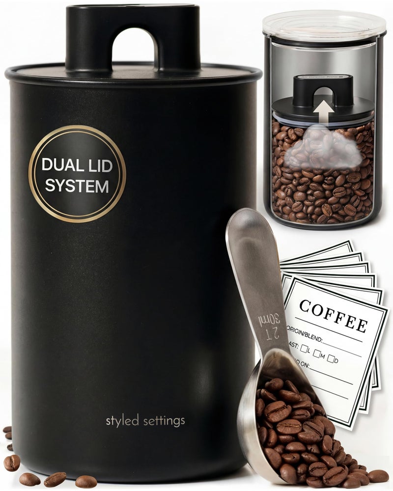 styled settings Coffee Storage Container - Airtight Vacuum Coffee Canister with Scoop and Label - Matte Black Canister Holds 1.2 lbs Beans or 1.5lbs Grounds, Dual-Lid Freshness System - Perfect for Gifting - Image 1