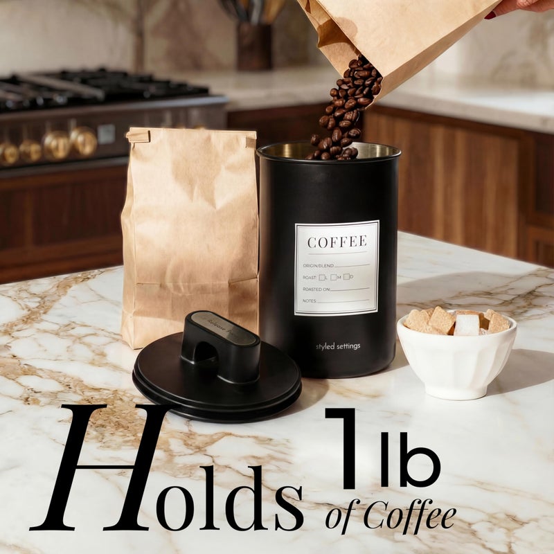 styled settings Coffee Storage Container - Airtight Vacuum Coffee Canister with Scoop and Label - Matte Black Canister Holds 1.2 lbs Beans or 1.5lbs Grounds, Dual-Lid Freshness System - Perfect for Gifting - Image 3