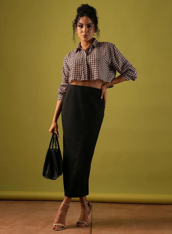 globus Globus Solid High-Rise Stretchy Pencil Midi Skirt