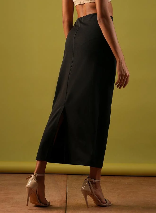 globus Globus Solid High-Rise Stretchy Pencil Midi Skirt