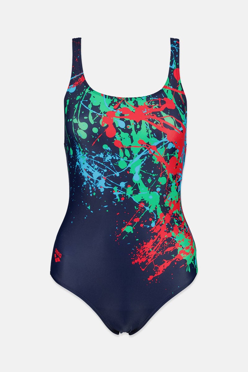 arena Women Splatter Paint One Piece Swimwear, Navy Blue - Image 1