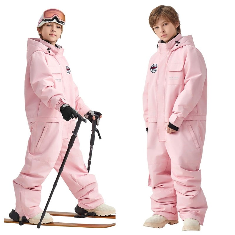 HOTIAN Kids Snow Suit Boys Girls Hooded Windproof Waterproof Insulated One Piece Snowboarding Ski Suit,Pink,8-9Years - Image 5