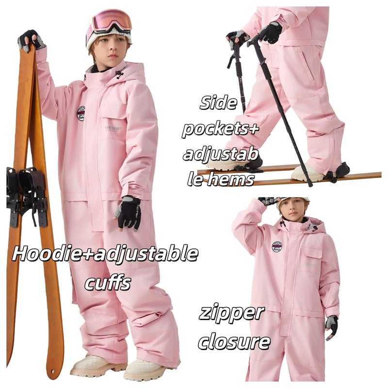 HOTIAN Kids Snow Suit Boys Girls Hooded Windproof Waterproof Insulated One Piece Snowboarding Ski Suit,Pink,8-9Years - Image 2