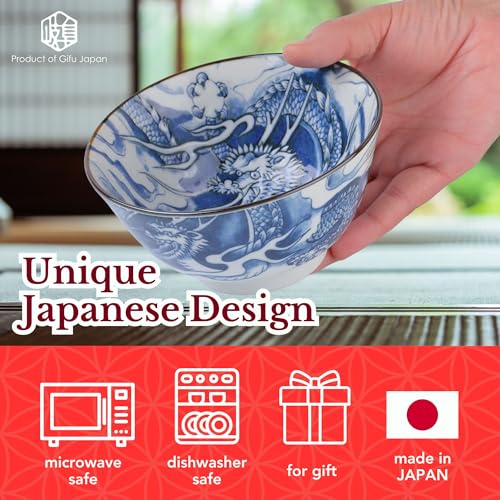 Mino Ware Japanese Rice Bowl, Rice Ramen Noodle Soup Sarada Pasta, Blue Dragon Design Chawn, 2.5 inch 8.8oz, Set of 2 - Image 2