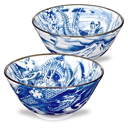 Mino Ware Japanese Rice Bowl, Rice Ramen Noodle Soup Sarada Pasta, Blue Dragon Design Chawn, 2.5 inch 8.8oz, Set of 2 - Image 1