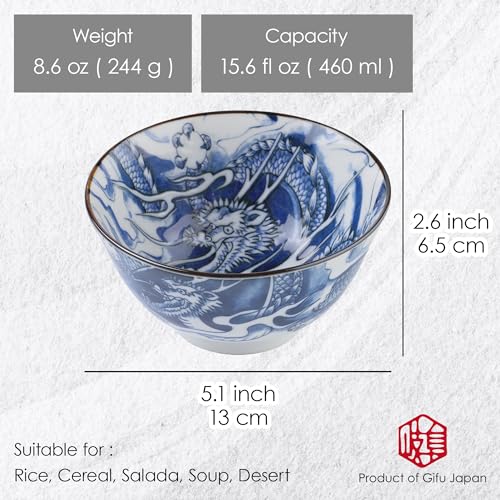 Mino Ware Japanese Rice Bowl, Rice Ramen Noodle Soup Sarada Pasta, Blue Dragon Design Chawn, 2.5 inch 8.8oz, Set of 2 - Image 3