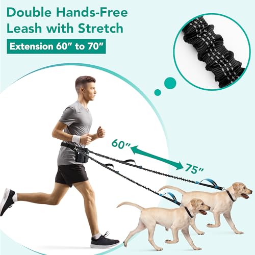 PetAmi Premium Hands Free Dog Leash for 2 Dogs Adjustable Waist Belt Leash for Dog Walking Fanny Pack Accessories Bag Dual Bungee Leash for Running Hiking Jogging Biking Black - Image 3