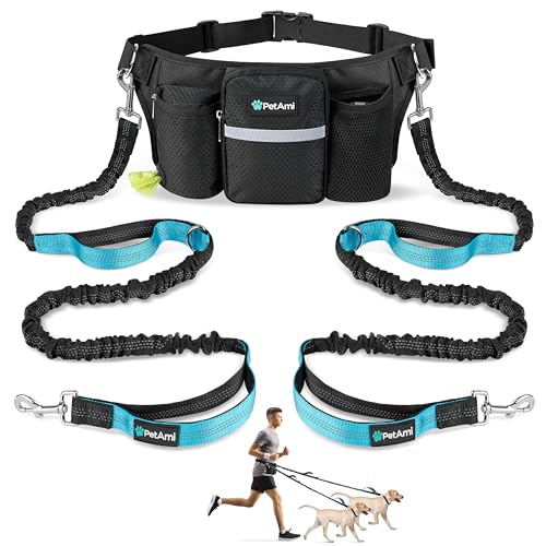 PetAmi Premium Hands Free Dog Leash for 2 Dogs Adjustable Waist Belt Leash for Dog Walking Fanny Pack Accessories Bag Dual Bungee Leash for Running Hiking Jogging Biking Black - Image 1