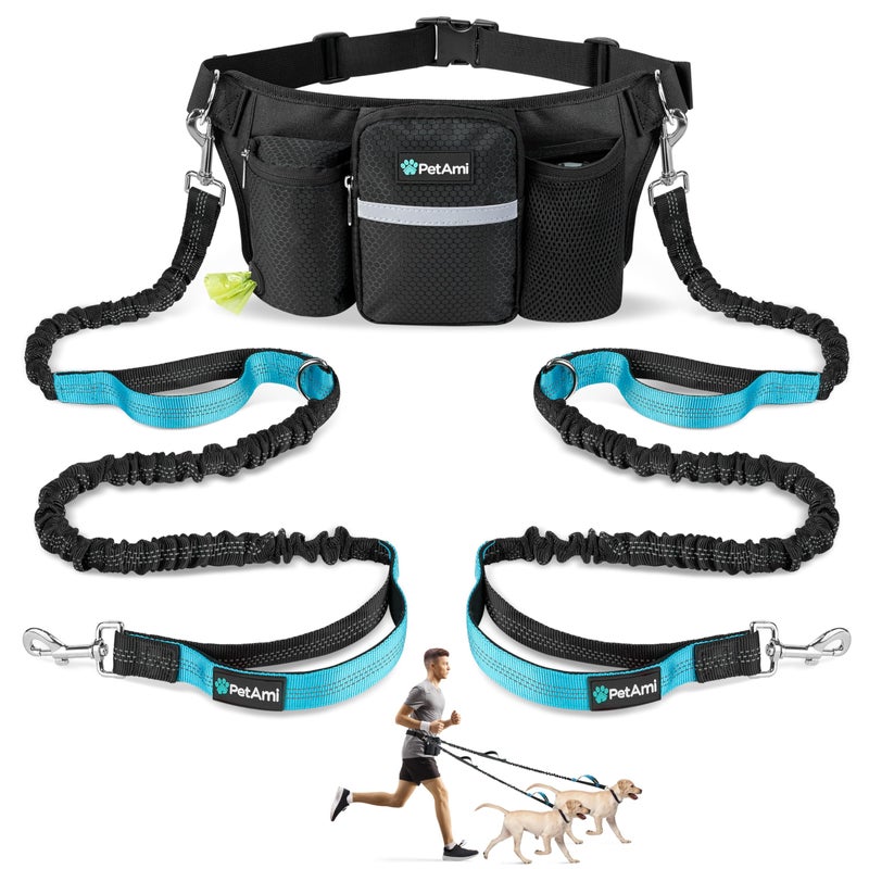 PetAmi Premium Hands Free Dog Leash for 2 Dogs Adjustable Waist Belt Leash for Dog Walking Fanny Pack Accessories Bag Dual Bungee Leash for Running Hiking Jogging Biking Black - Image 2