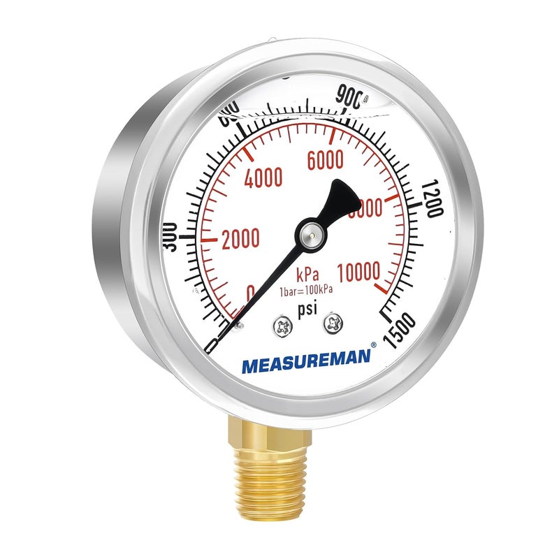 MEASUREMAN مقياس ضغط مملوء بالزيت من ميزورمان، حجم القرص 2-1/2 بوصة، نطاق 0-1500 رطل لكل بوصة مربعة/كيلو باسكال، غلاف من الفولاذ المقاوم للصدأ 304، تركيب سفلي 1/4 إنش إن بي تي - Image 2