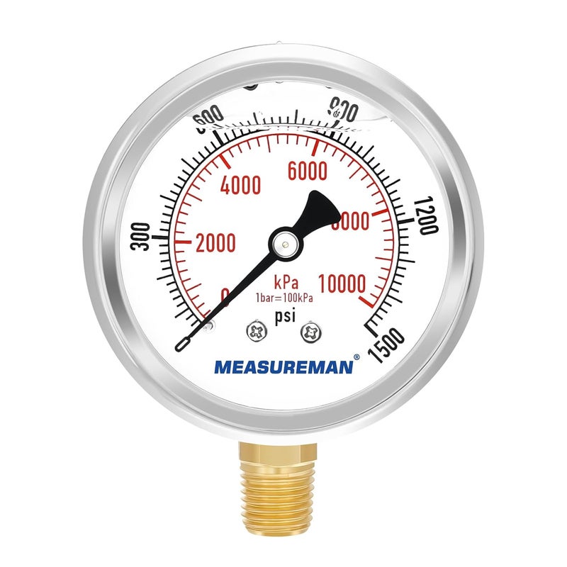 MEASUREMAN مقياس ضغط مملوء بالزيت من ميزورمان، حجم القرص 2-1/2 بوصة، نطاق 0-1500 رطل لكل بوصة مربعة/كيلو باسكال، غلاف من الفولاذ المقاوم للصدأ 304، تركيب سفلي 1/4 إنش إن بي تي - Image 1
