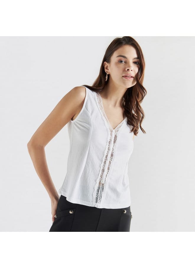 FAV Lace Insert Sleeveless Shirt with V-Neck  - Image 1