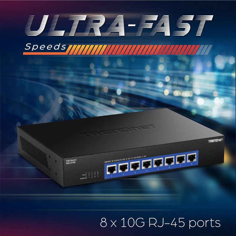 TRENDnet 8-Port 10G Switch, 8 x 10G RJ-45 Ports, 160Gbps Switching Capacity Rack mountable, 10 Gigabit Network Connections, Lifetime Protection, Black, TEG-S708 - Image 4