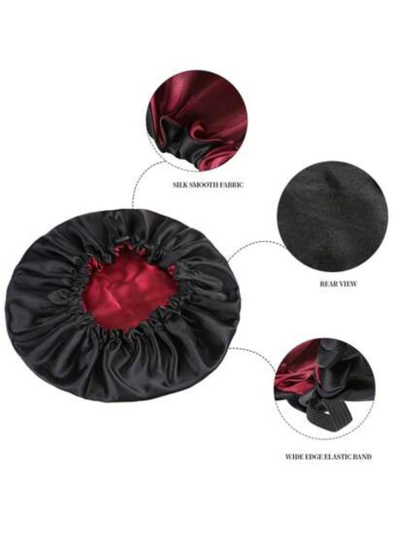 Al Kanzi 1PC Adjustable Night Caps, Satin-Like Sleeping Bonnets for Hair Protection, Breathable and Warm Bonnet, Double-Layer Silk-Like Design for Women and Girls, (Black/Red) - Image 2
