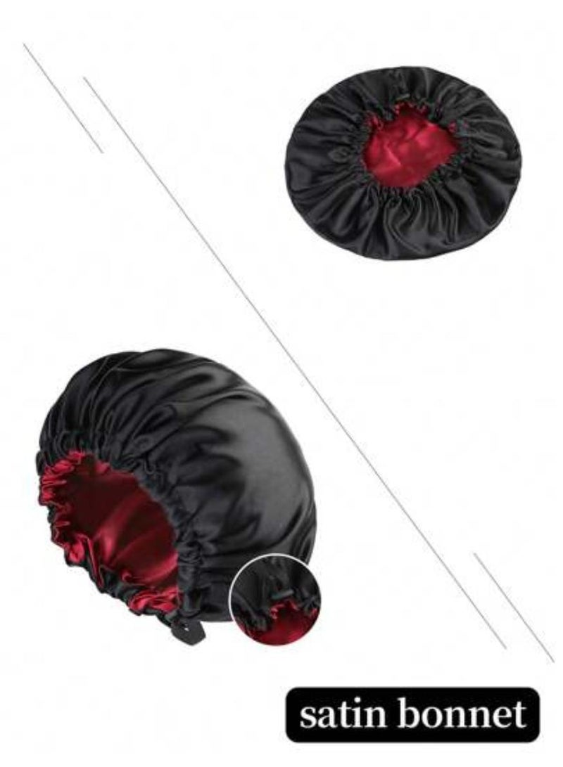 Al Kanzi 1PC Adjustable Night Caps, Satin-Like Sleeping Bonnets for Hair Protection, Breathable and Warm Bonnet, Double-Layer Silk-Like Design for Women and Girls, (Black/Red) - Image 3