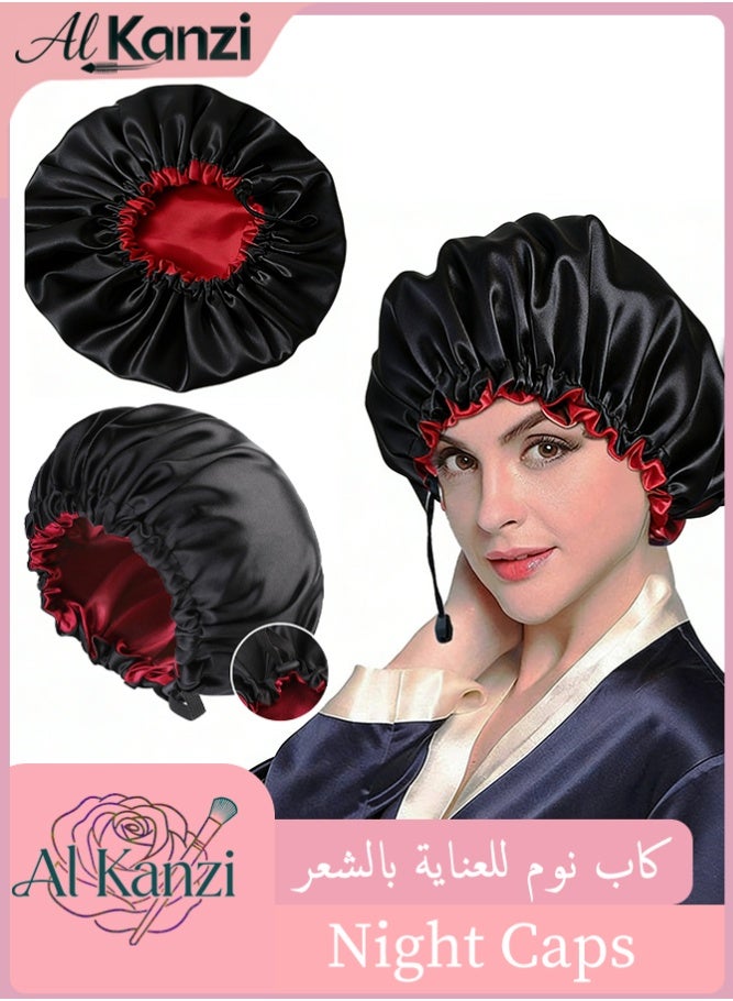 Al Kanzi 1PC Adjustable Night Caps, Satin-Like Sleeping Bonnets for Hair Protection, Breathable and Warm Bonnet, Double-Layer Silk-Like Design for Women and Girls, (Black/Red) - Image 1