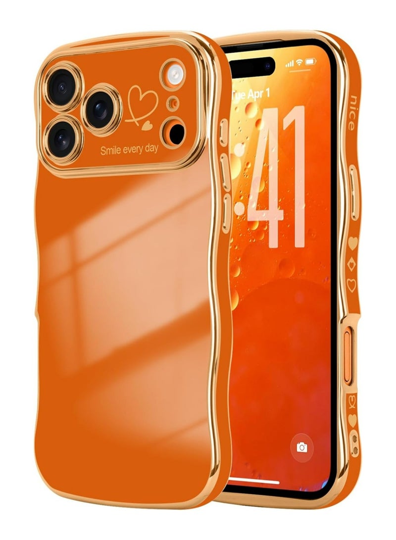 PULUZ iPhone 17 Pro Case for Women Girls, Cute Wave Frame Curly Shape with Love Heart Pattern Raised Camera Protection Cover Luxury Plating Shockproof Phone Case for iPhone 17 Pro, Orange - Image 1