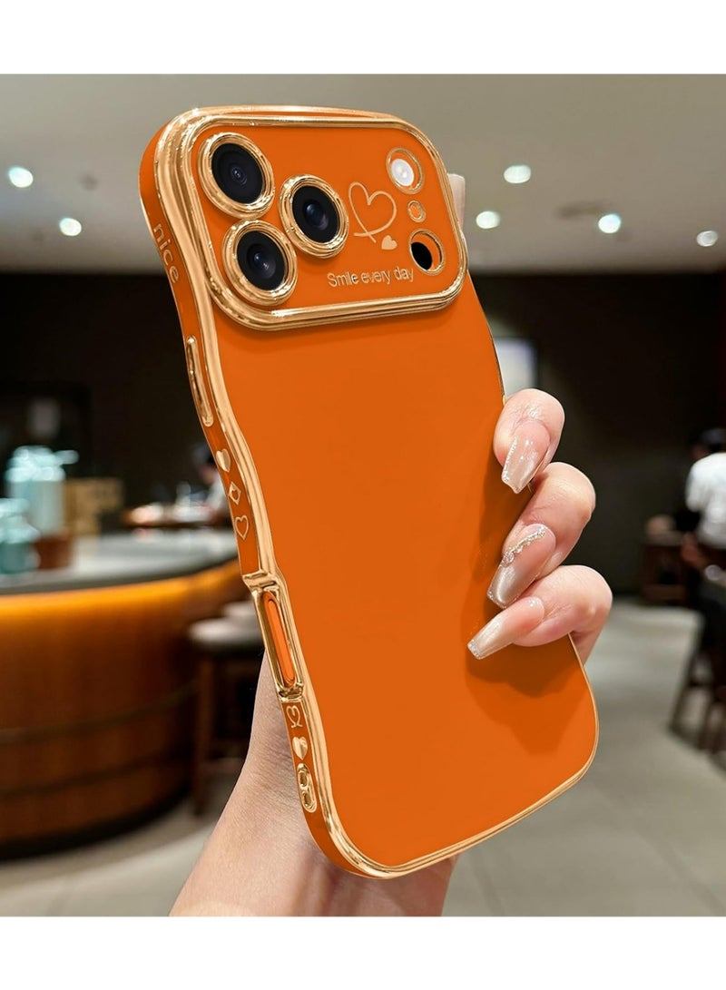 PULUZ iPhone 17 Pro Case for Women Girls, Cute Wave Frame Curly Shape with Love Heart Pattern Raised Camera Protection Cover Luxury Plating Shockproof Phone Case for iPhone 17 Pro, Orange - Image 2