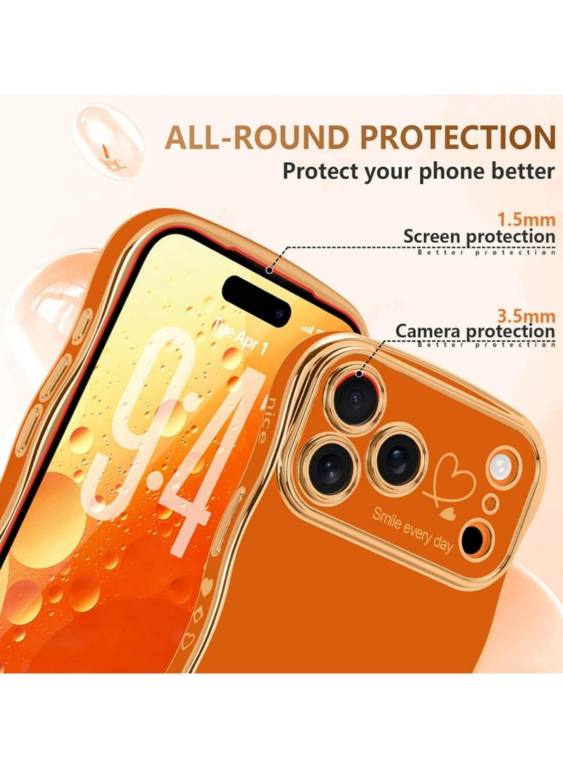 PULUZ iPhone 17 Pro Case for Women Girls, Cute Wave Frame Curly Shape with Love Heart Pattern Raised Camera Protection Cover Luxury Plating Shockproof Phone Case for iPhone 17 Pro, Orange - Image 4