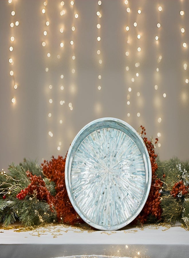 PEMAR 12.6” Mother of Pearl Round Serving Tray with Handles, Decorative Nacred Wooden Ottoman Coffee Table Tray (Teal Sunlight) - Image 2