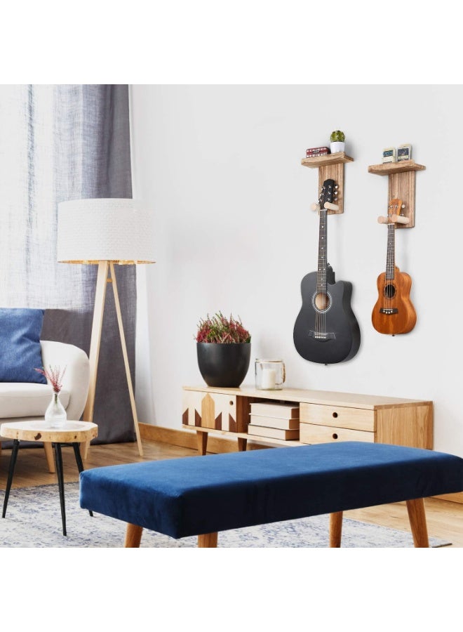 Bukela 2 Pack Guitar Wall Hanger with Shelf and Pick Holder, Wooden Wall Hook for Acoustic, Electric, Bass, Ukulele (Screw Mounted, Brown) - Image 4