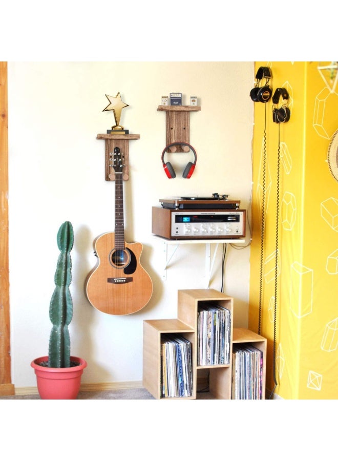 Bukela 2 Pack Guitar Wall Hanger with Shelf and Pick Holder, Wooden Wall Hook for Acoustic, Electric, Bass, Ukulele (Screw Mounted, Brown) - Image 3