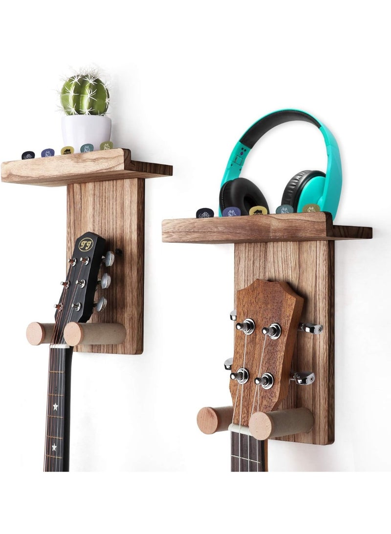 Bukela 2 Pack Guitar Wall Hanger with Shelf and Pick Holder, Wooden Wall Hook for Acoustic, Electric, Bass, Ukulele (Screw Mounted, Brown) - Image 5