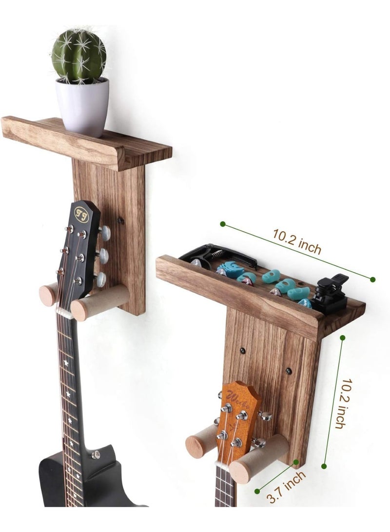 Bukela 2 Pack Guitar Wall Hanger with Shelf and Pick Holder, Wooden Wall Hook for Acoustic, Electric, Bass, Ukulele (Screw Mounted, Brown) - Image 1
