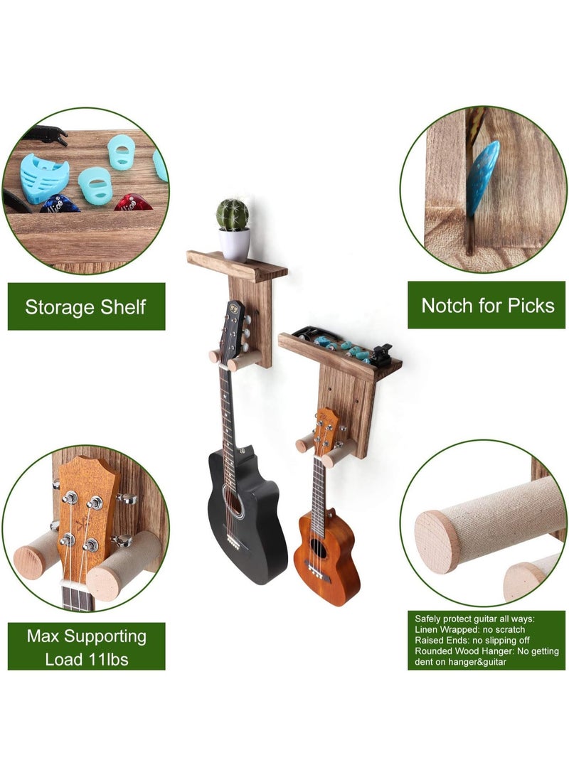 Bukela 2 Pack Guitar Wall Hanger with Shelf and Pick Holder, Wooden Wall Hook for Acoustic, Electric, Bass, Ukulele (Screw Mounted, Brown) - Image 2