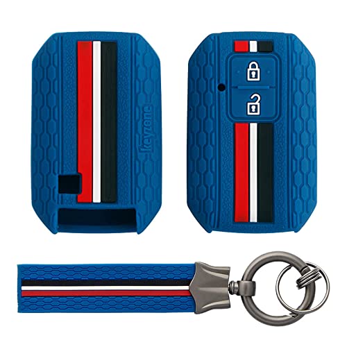 Keyzone Striped Silicone Key Cover & Keychain Compatible for Suzuki Victoris, e Vitara, Fronx, jimny, Grand Vitara, Ertiga, Brezza, XL6,Swift,Dzire,Ignis 2button Smart Key(Blue with Blue Keychain) - Image 1