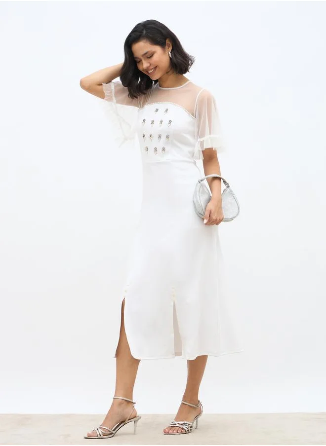 Styli Styli Embellished Mesh Insert A-Line Midi Dress