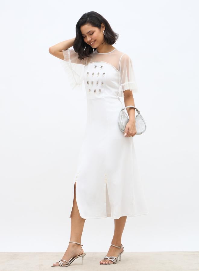 Styli Embellished Mesh Insert A-Line Midi Dress - Image 1