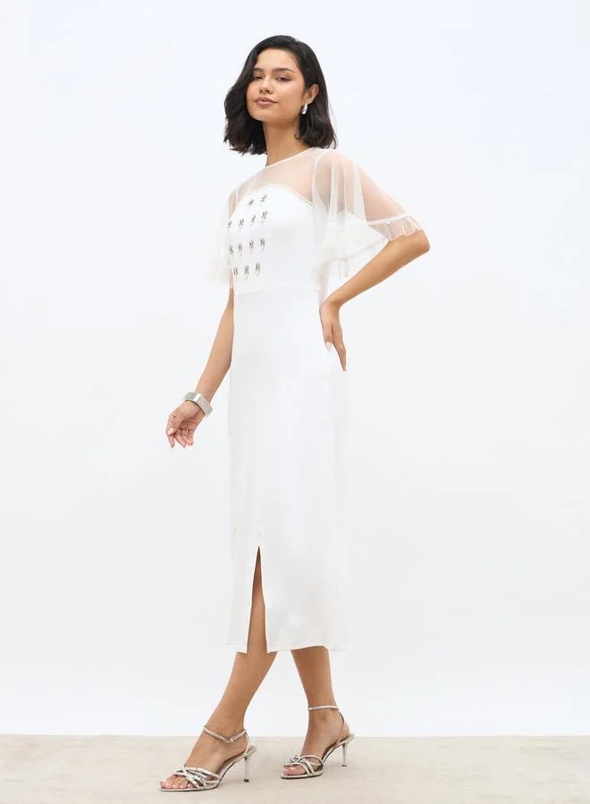Styli Styli Embellished Mesh Insert A-Line Midi Dress