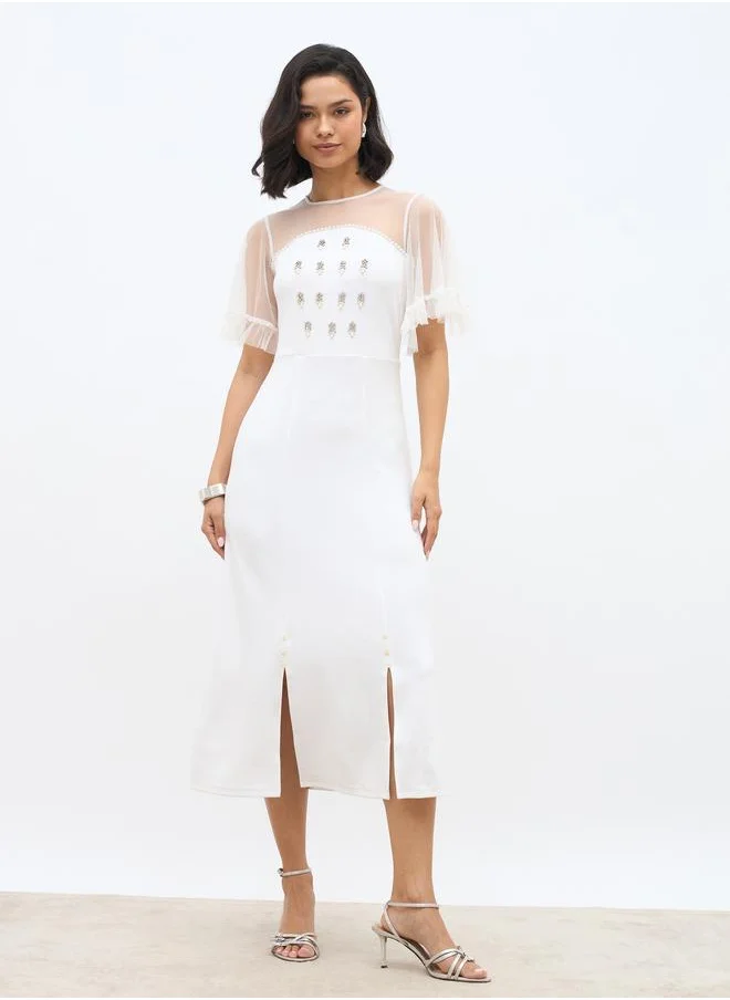 Styli Styli Embellished Mesh Insert A-Line Midi Dress