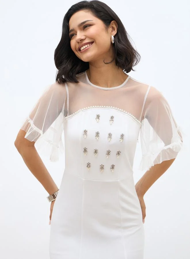Styli Styli Embellished Mesh Insert A-Line Midi Dress