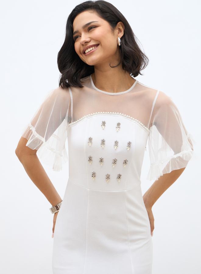 Styli Embellished Mesh Insert A-Line Midi Dress - Image 4