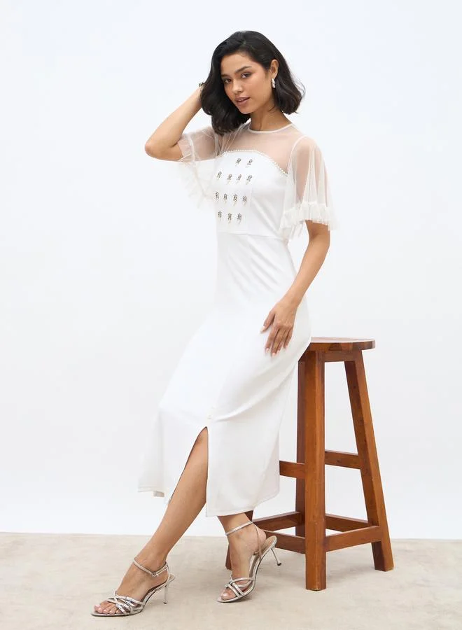Styli Styli Embellished Mesh Insert A-Line Midi Dress